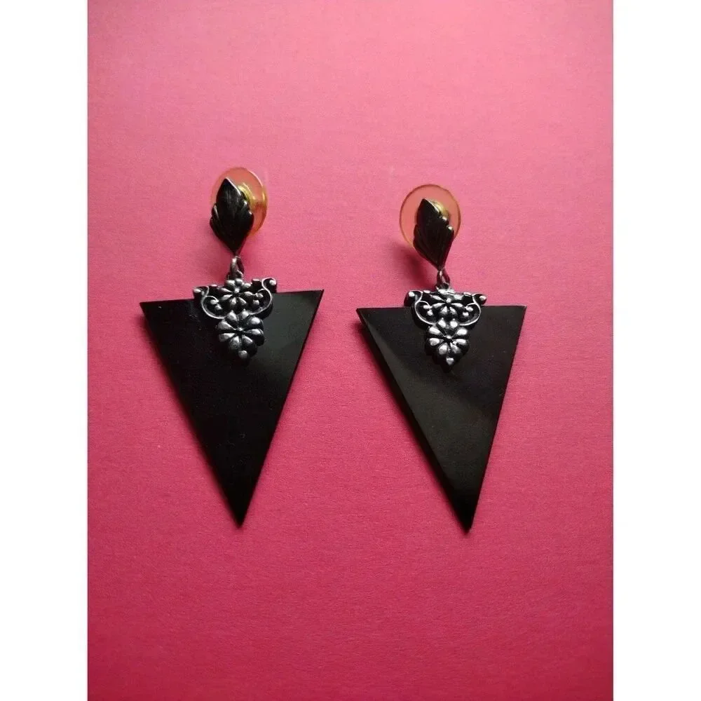 Vintage Signed RINC 925 Silver and Black Enamel Goth Drop Earrings